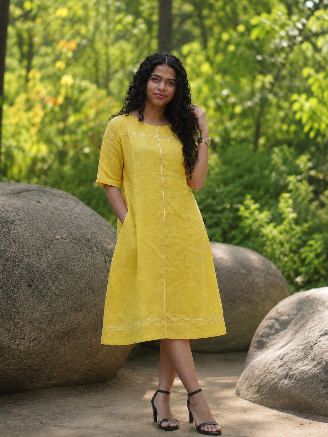 Linen Thread Butter Yellow Round neck shift dress