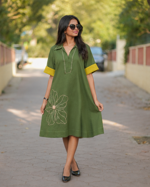 Mahek Flower Deep Olive Dress