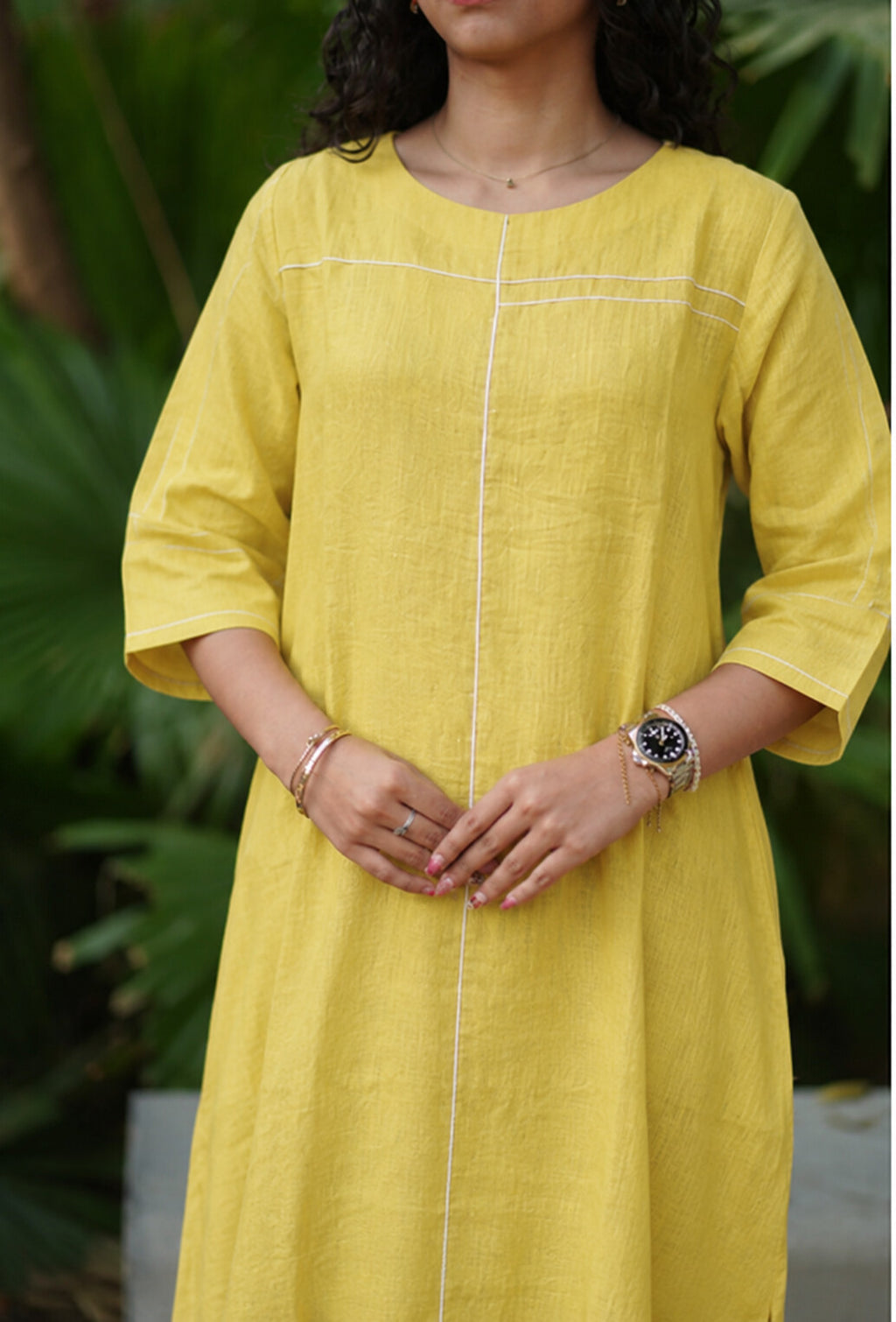 Linen Thread Butter Yellow Round neck shift dress