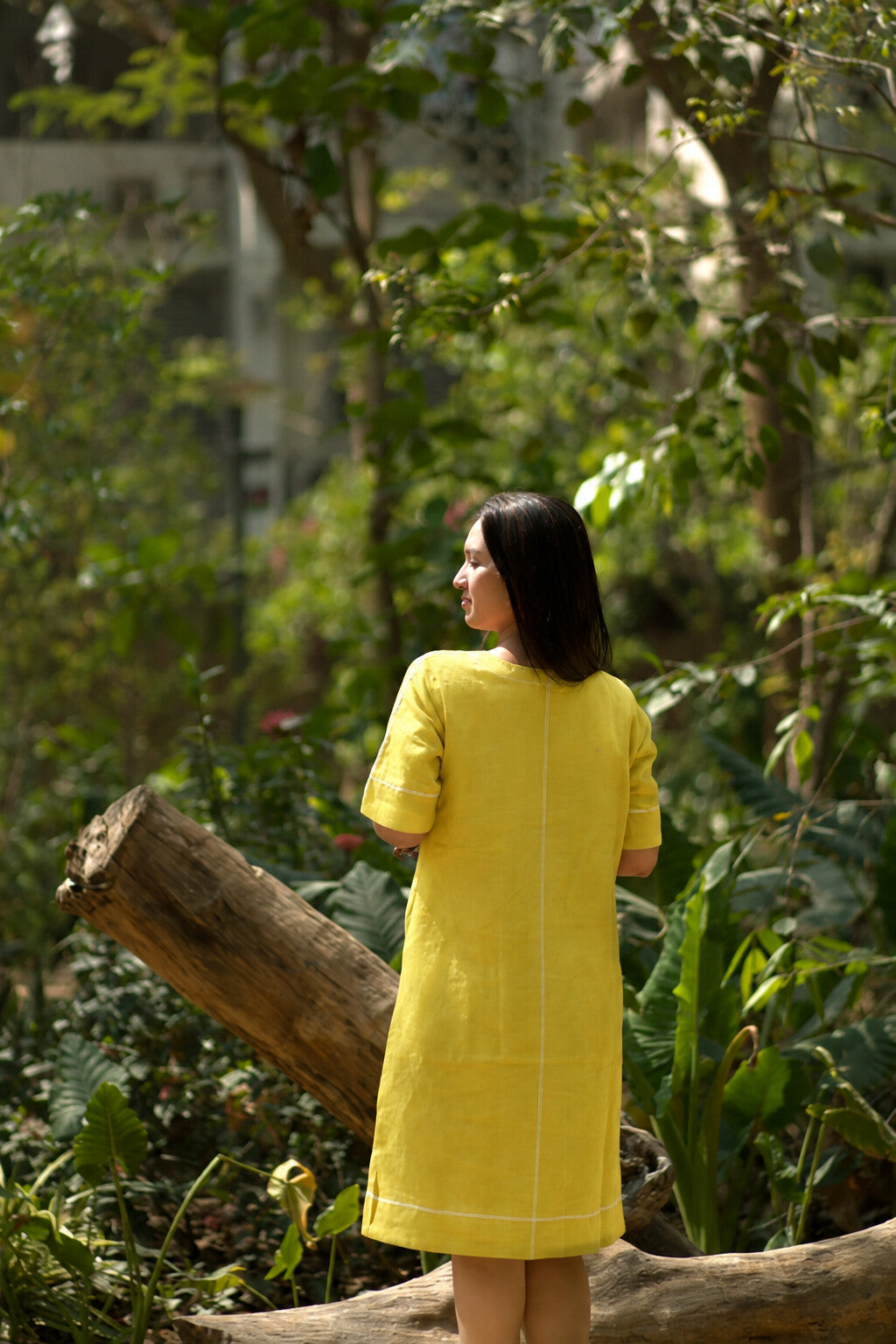 Linen Thread Butter Yellow Round neck shift dress