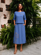 Linen khat work Denim Blue top & skirt
