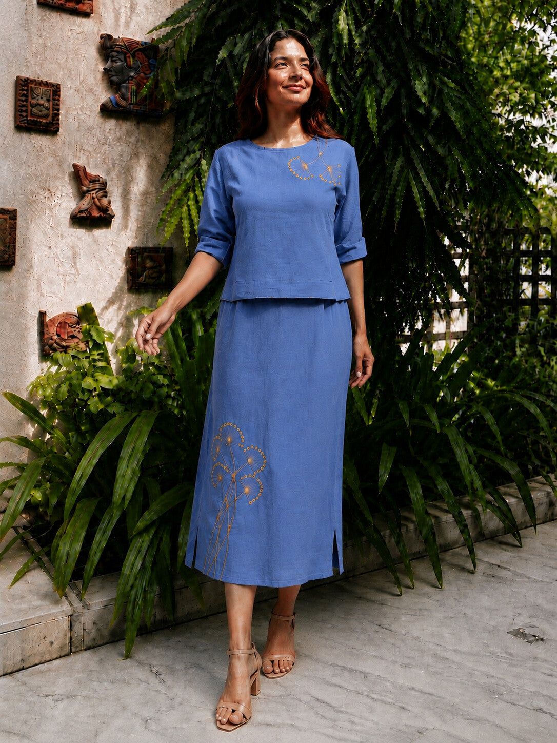 Linen khat work Denim Blue top & skirt