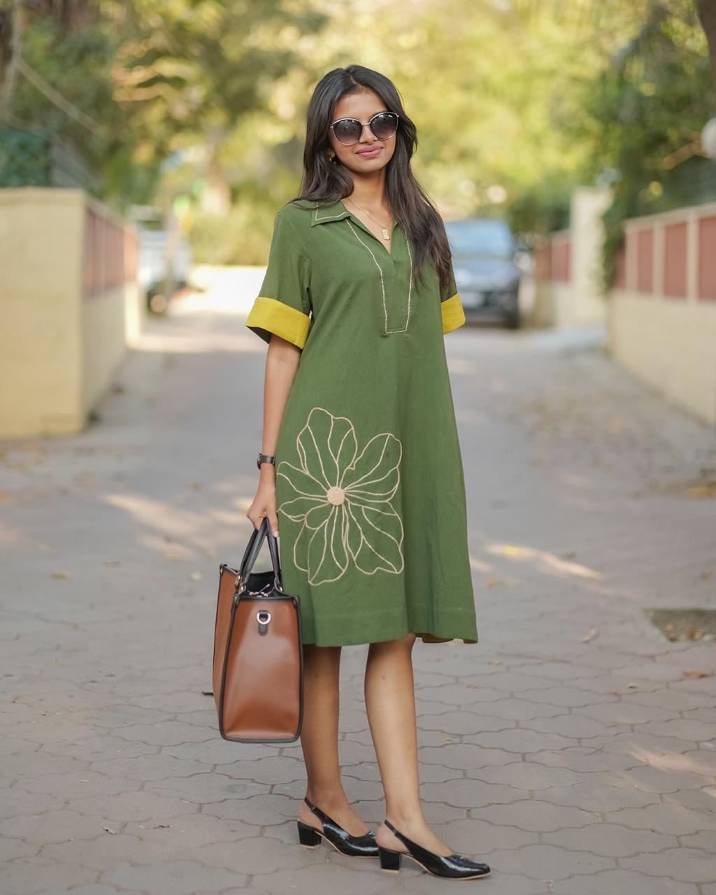 Mahek Flower Deep Olive Dress