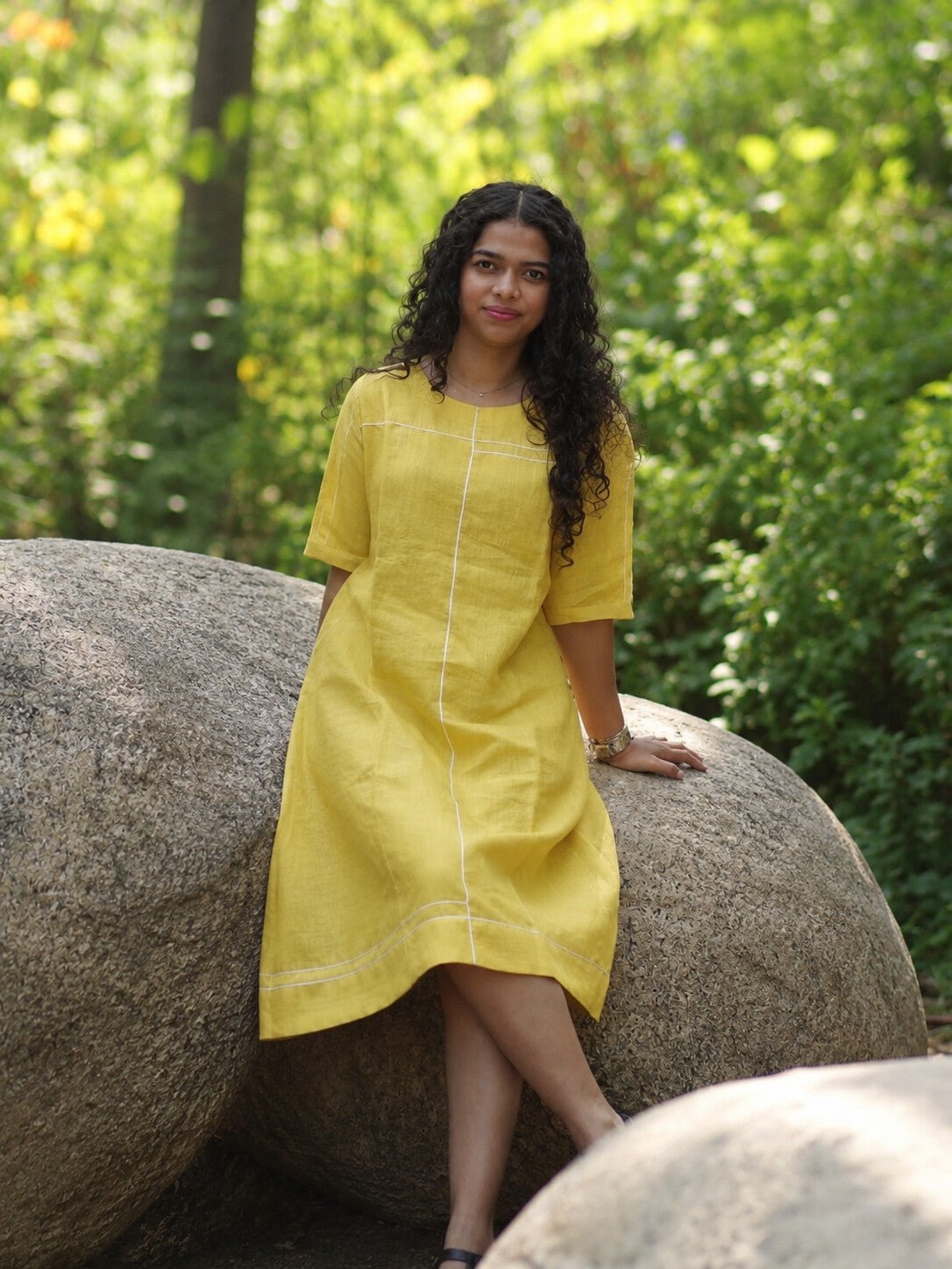 Linen Thread Butter Yellow Round neck shift dress
