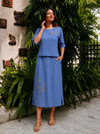 Linen khat work Denim Blue top & skirt