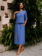 Linen khat work Denim Blue top & skirt