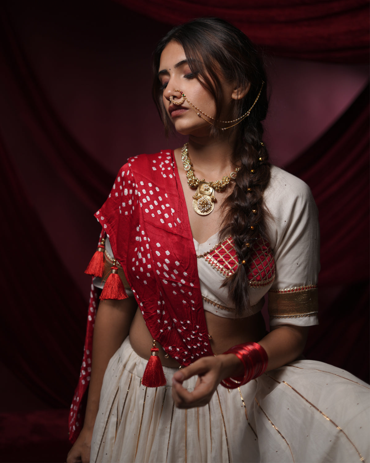 Chandani White Gaji Silk Tassel Dupatta for Ghaghra Choli