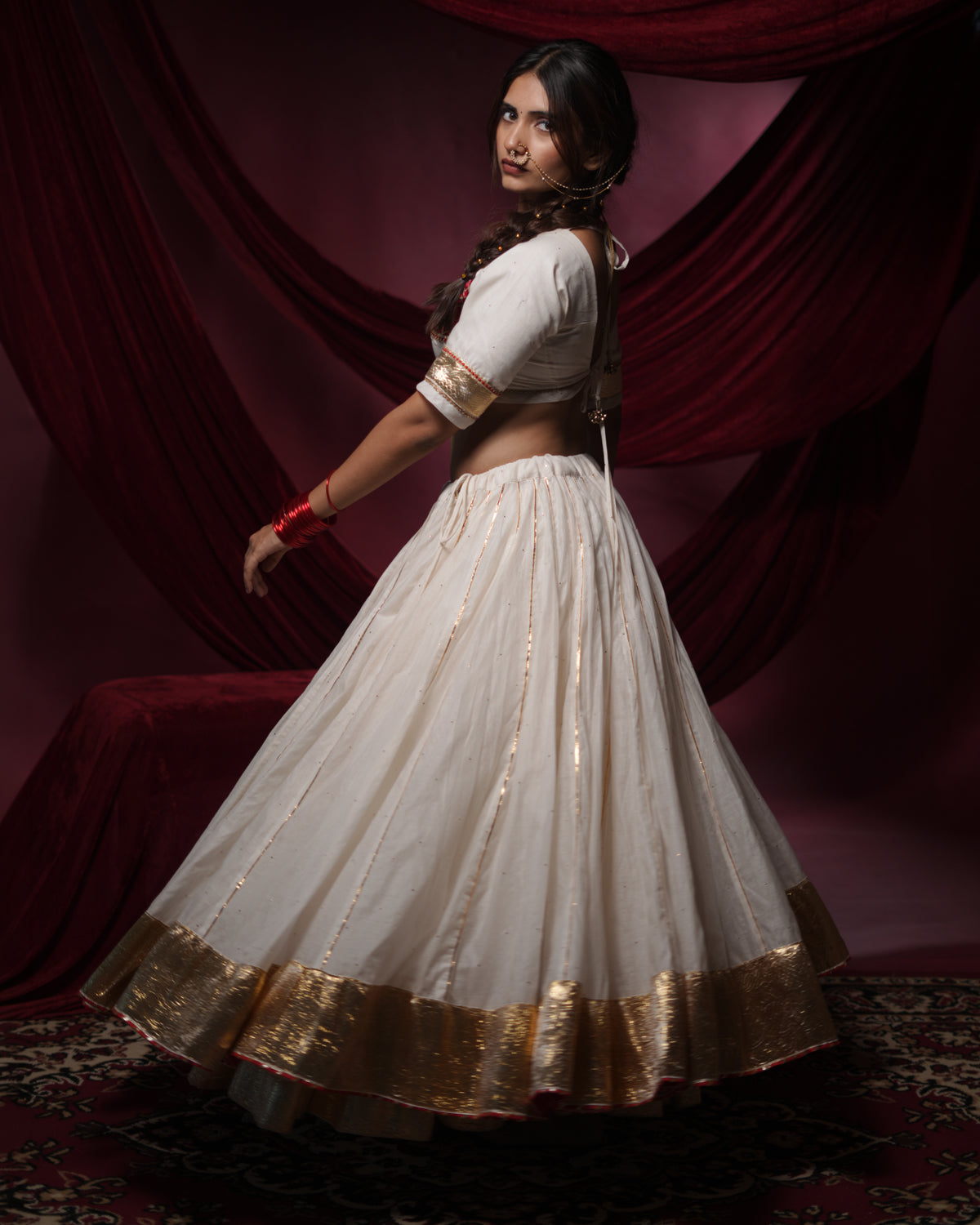 Chandani White Chanderi Silk 15 Metre Flared Badla Work Shimmer Lumpi Lehenga for Chaniya Choli