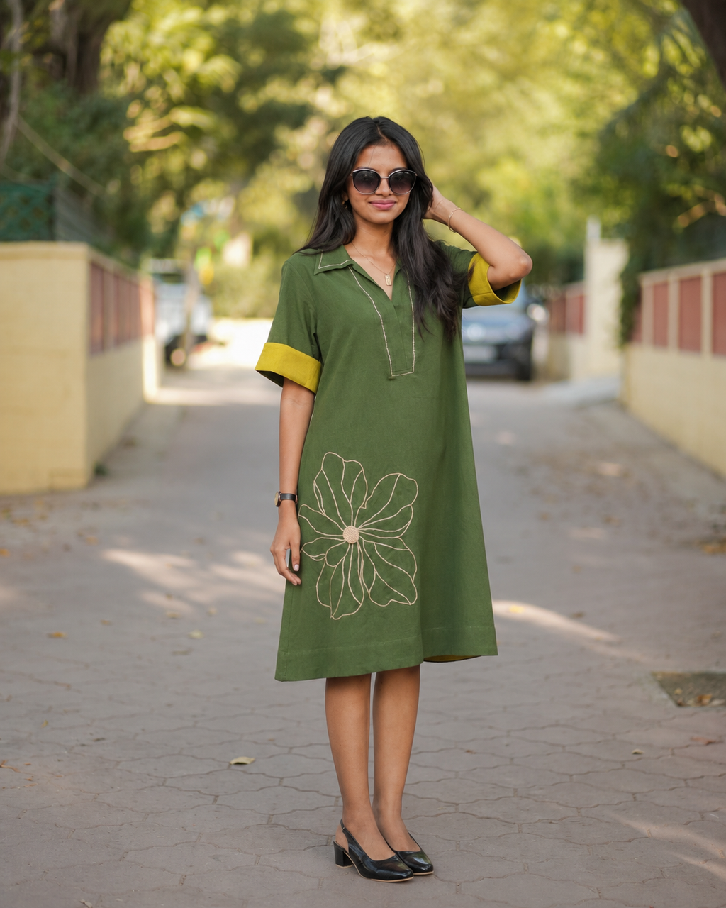 Mahek Flower Deep Olive Dress