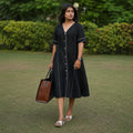 Linen Thread Jade Black V-neck button down dress