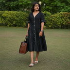 Linen Thread Jade Black V-neck button down dress