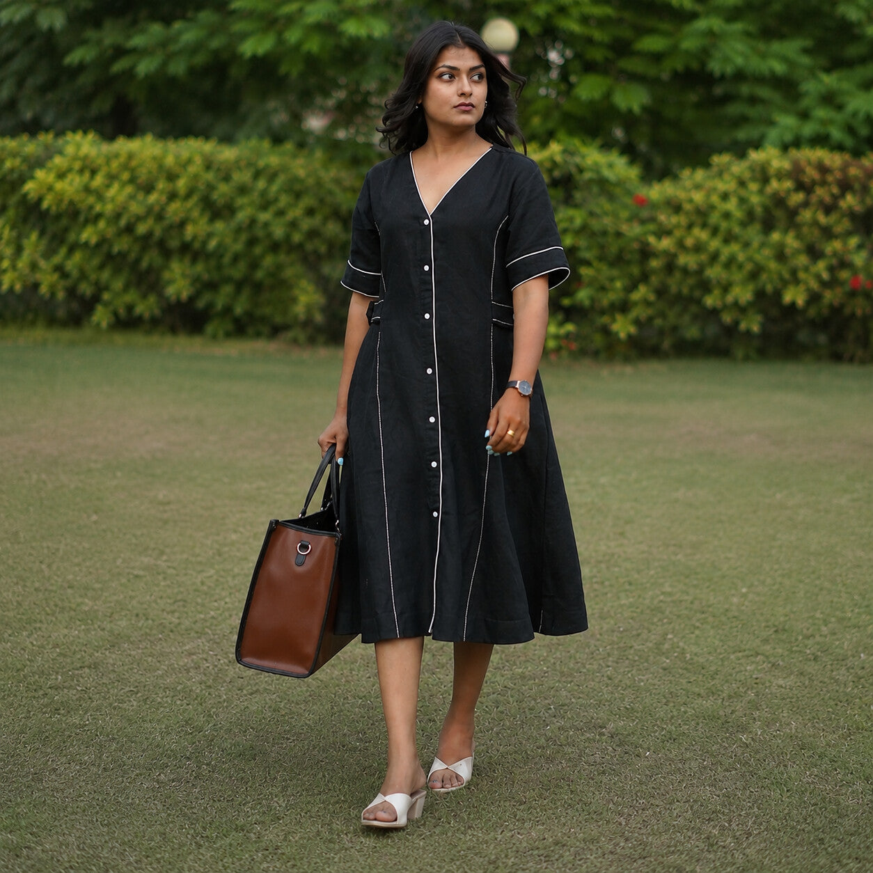 Linen Thread Jade Black V-neck button down dress