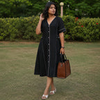 Linen Thread Jade Black V-neck button down dress