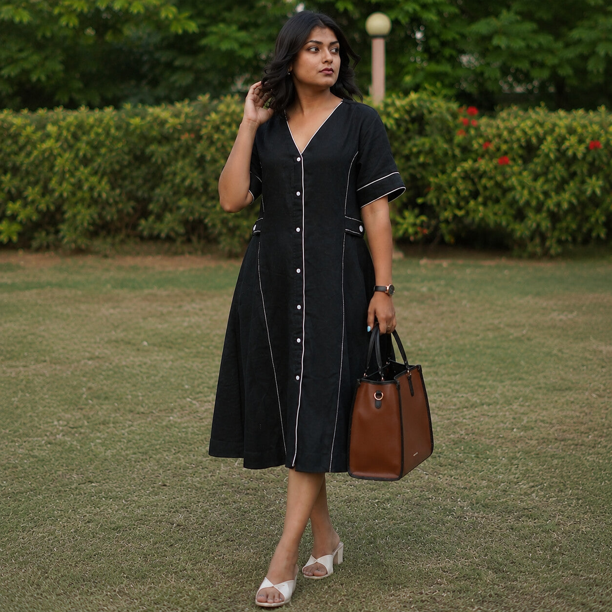 Linen Thread Jade Black V-neck button down dress