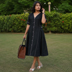 Linen Thread Jade Black V-neck button down dress