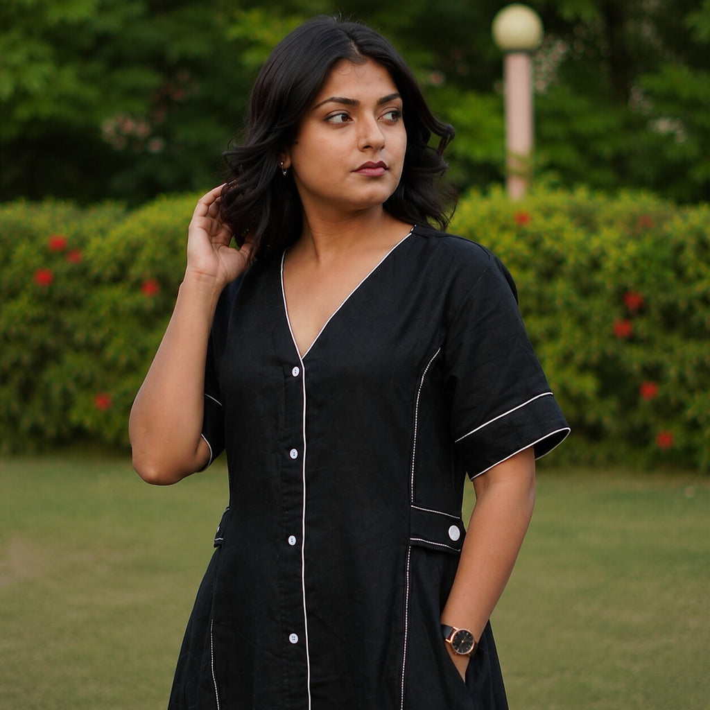 Linen Thread Jade Black V-neck button down dress