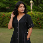 Linen Thread Jade Black V-neck button down dress