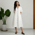 Linen Thread Pearl White V-neck button down dress