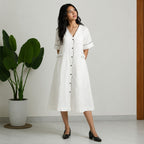 Linen Thread Pearl White V-neck button down dress