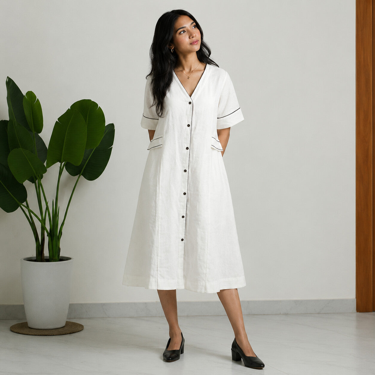 Linen Thread Pearl White V-neck button down dress