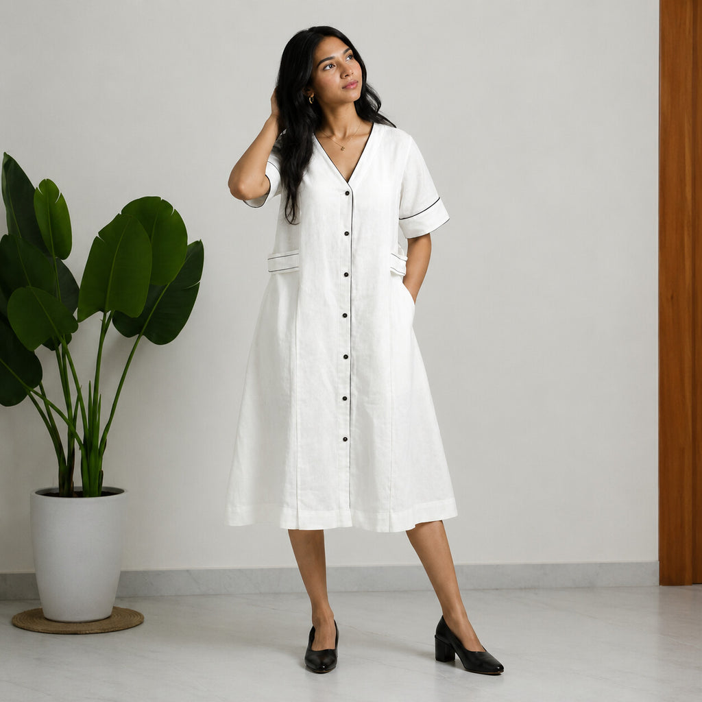 Linen Thread Pearl White V-neck button down dress