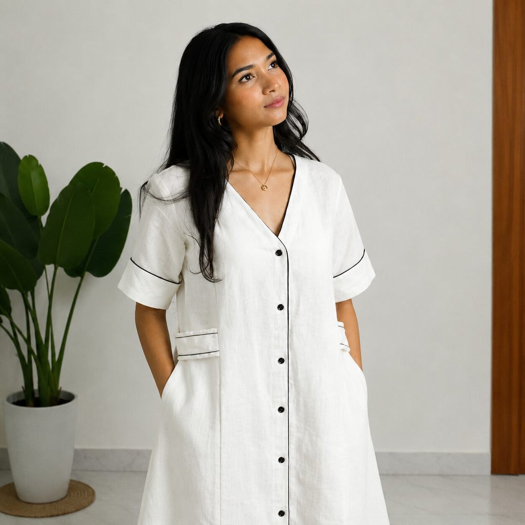 Linen Thread Pearl White V-neck button down dress