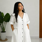Linen Thread Pearl White V-neck button down dress