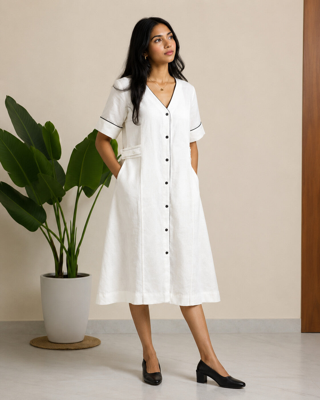 Linen Thread Pearl White V-neck button down dress