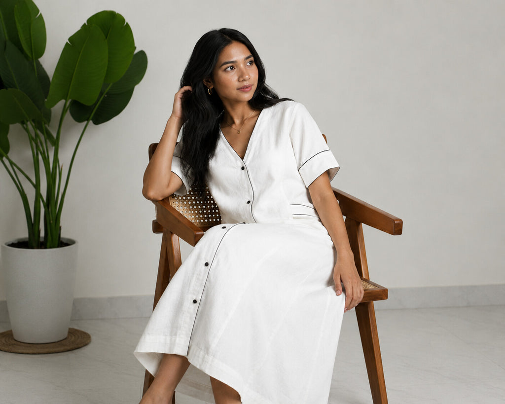 Linen Thread Pearl White V-neck button down dress