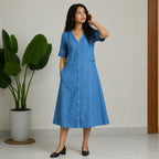 Linen Thread Denim Blue V-neck button down dress
