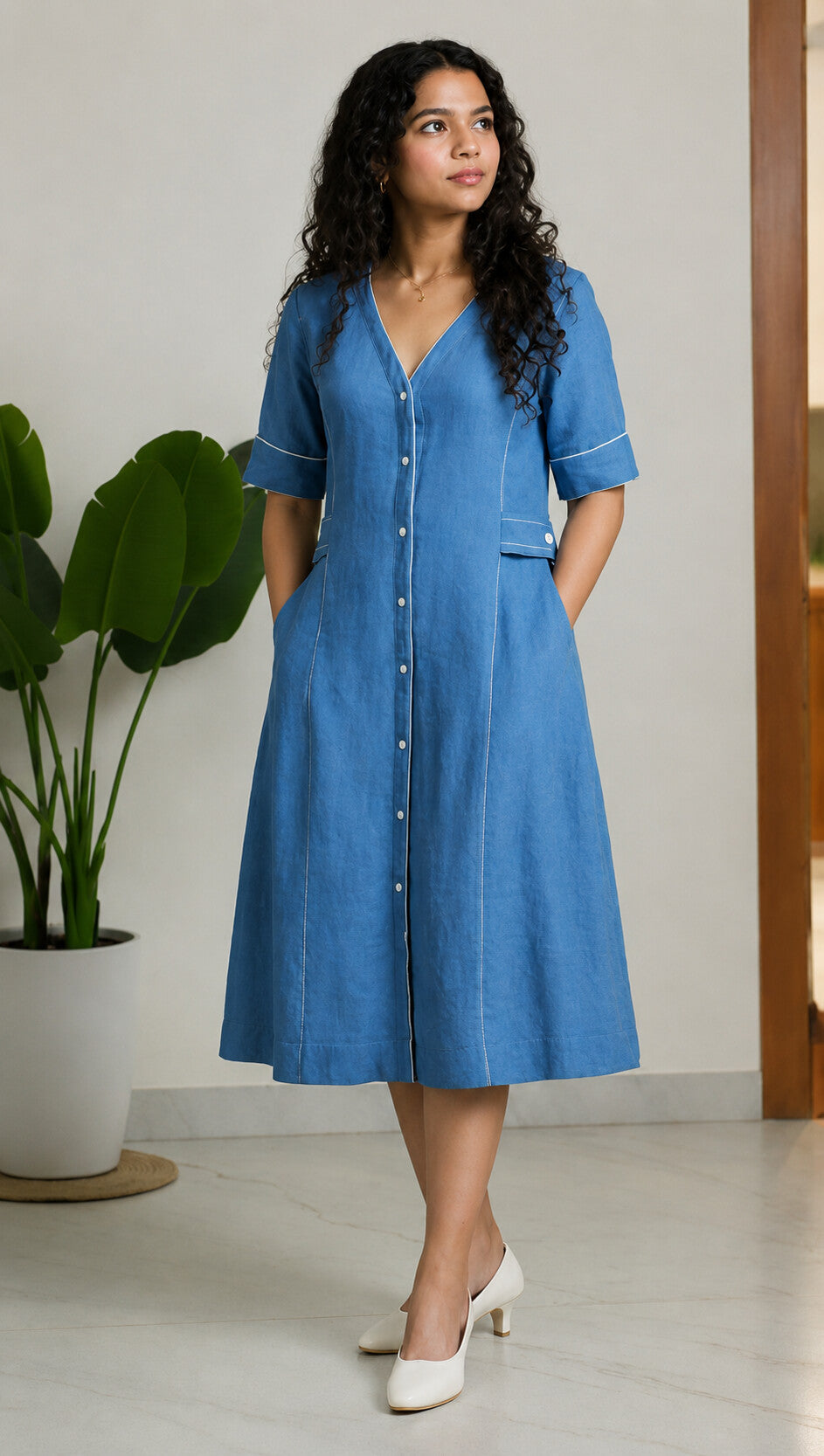 Linen Thread Denim Blue V-neck button down dress