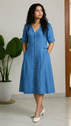 Linen Thread Denim Blue V-neck button down dress