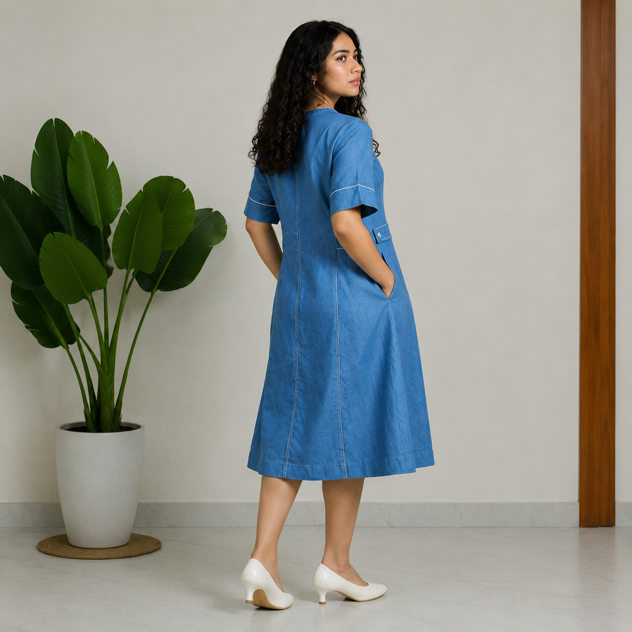 Linen Thread Denim Blue V-neck button down dress