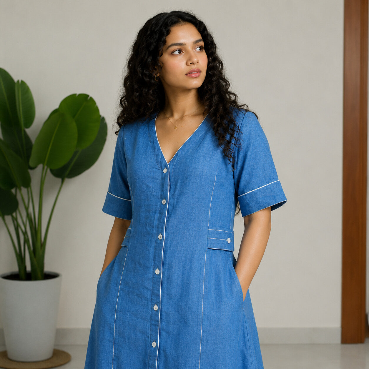 Linen Thread Denim Blue V-neck button down dress