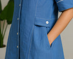 Linen Thread Denim Blue V-neck button down dress