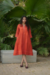 Linen Thread work Rust A-line collard dress
