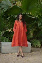 Linen Thread work Rust A-line collard dress