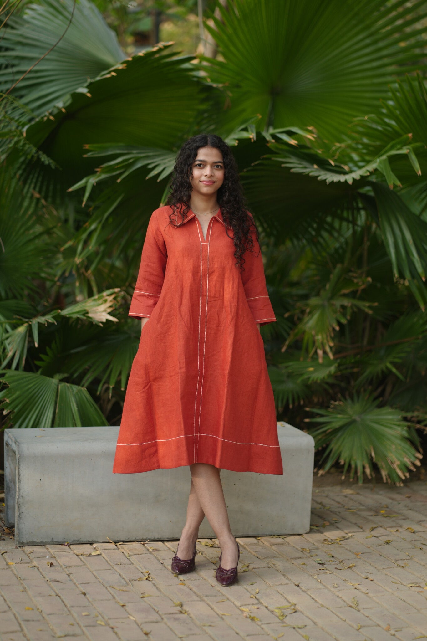 Linen Thread work Rust A-line collard dress