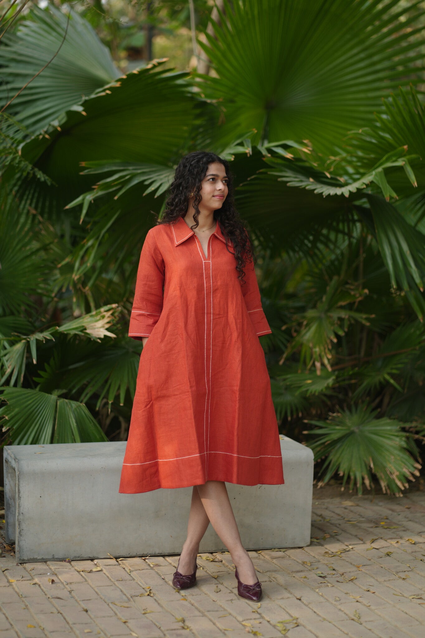 Linen Thread work Rust A-line collard dress