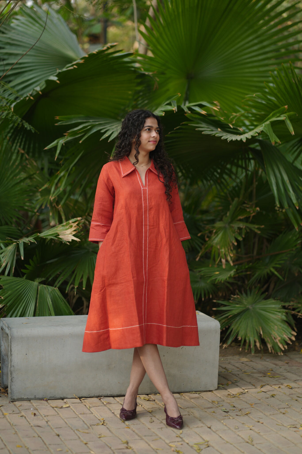 Linen Thread work Rust A-line collard dress