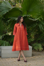 Linen Thread work Rust A-line collard dress