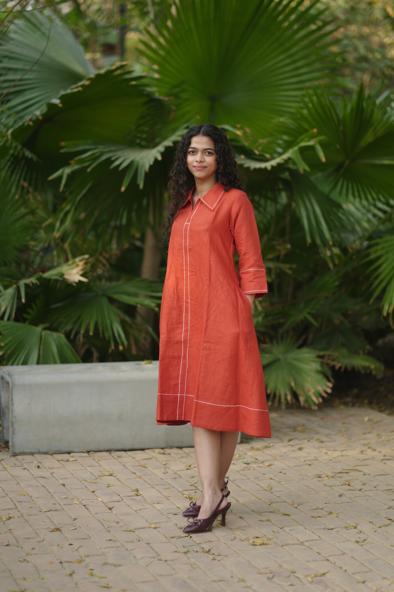 Linen Thread work Rust A-line collard dress