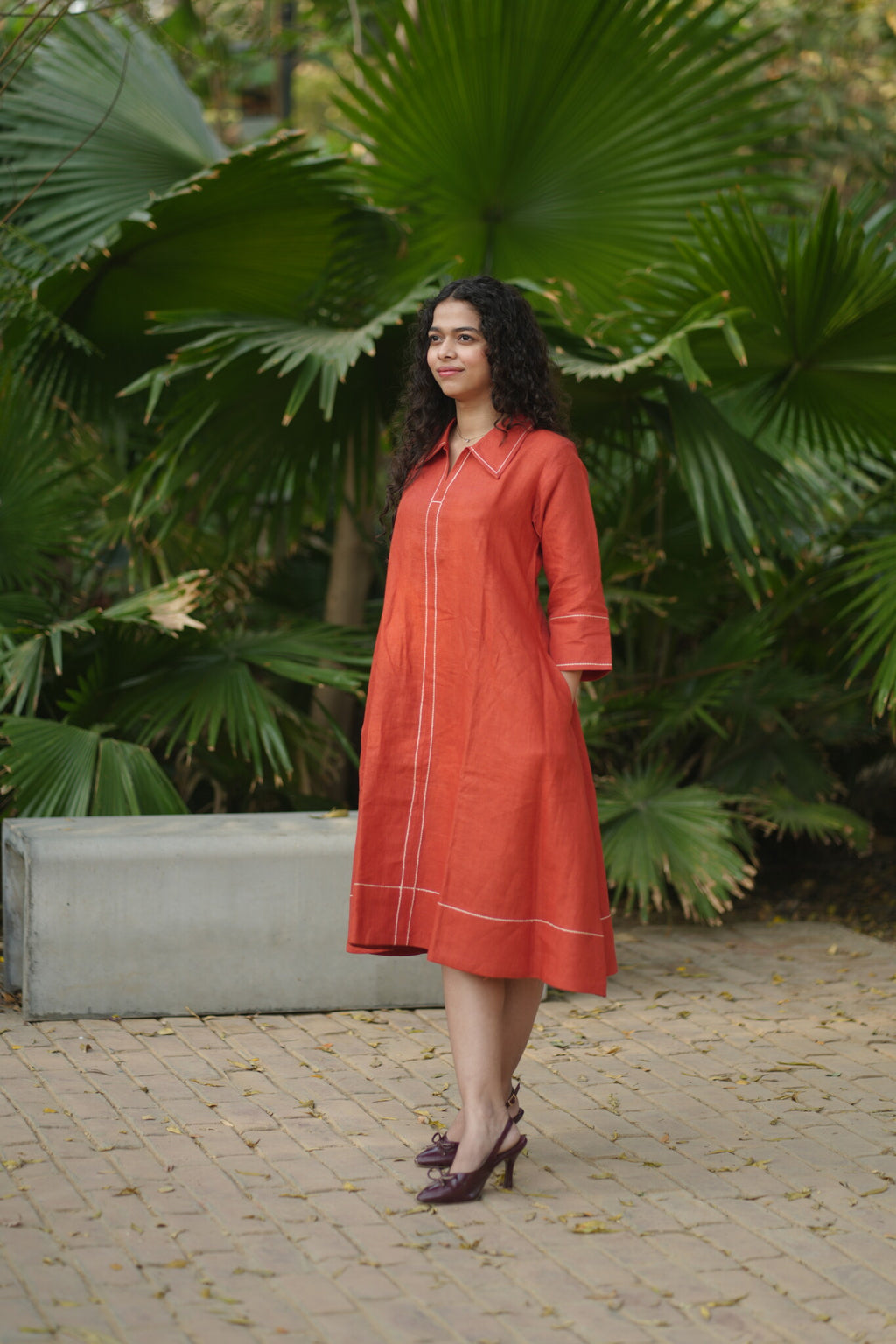 Linen Thread work Rust A-line collard dress