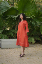 Linen Thread work Rust A-line collard dress