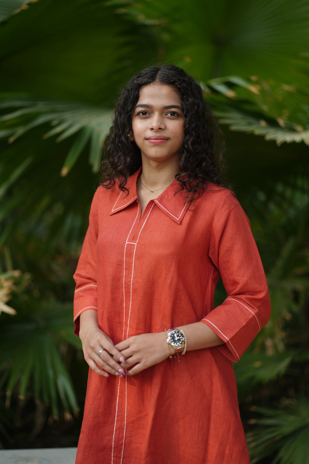 Linen Thread work Rust A-line collard dress