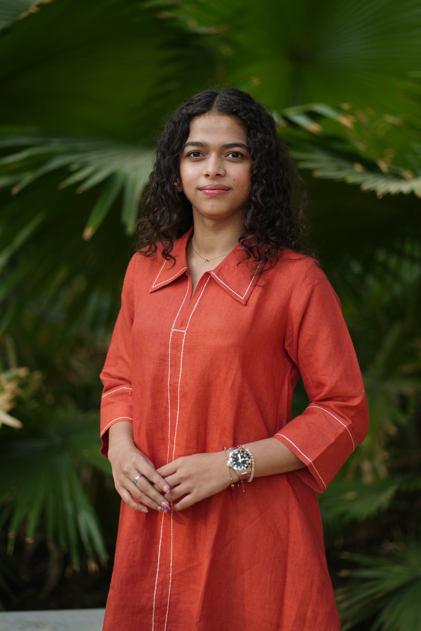 Linen Thread work Rust A-line collard dress