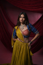 Kesariya Bandhani Silk Blouse with Blue & Rust Contrast for Chaniya Choli
