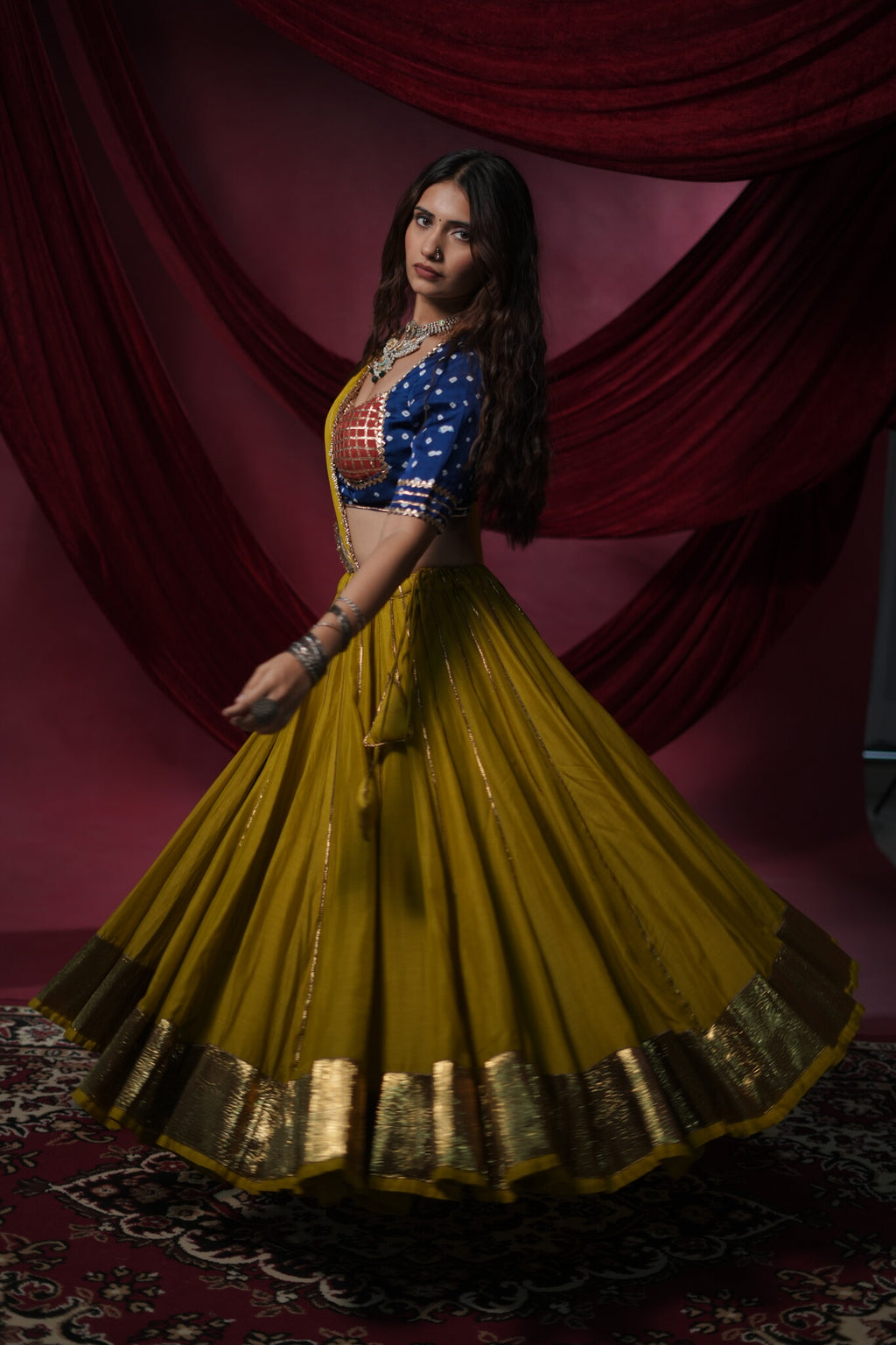 Kesariya Bandhani Silk Blouse with Blue & Rust Contrast for Chaniya Choli