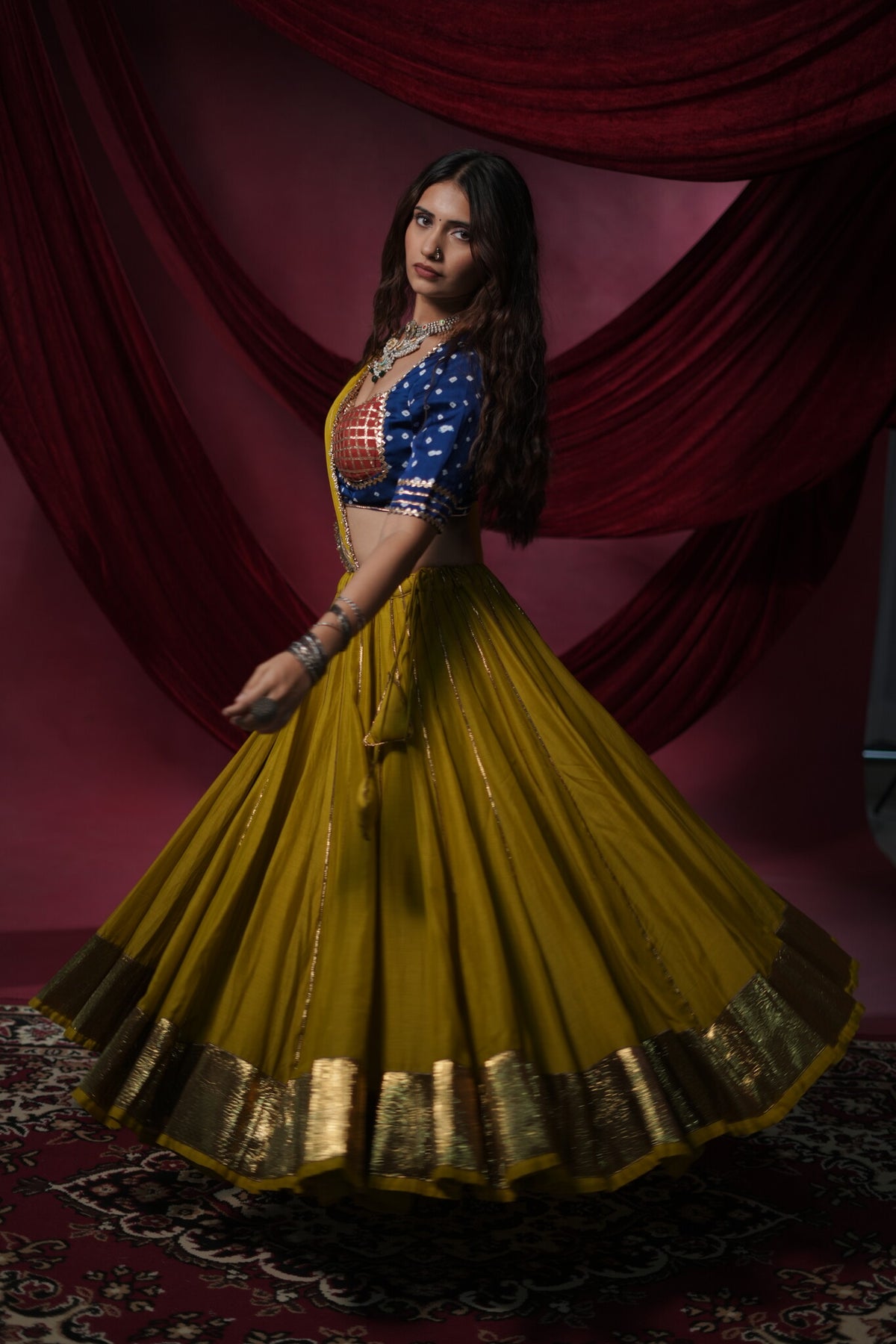 Kesariya Mustard Muslin 15 Metre Flared 4-Inch Lumpi Border Lehenga for Ghaghra Choli