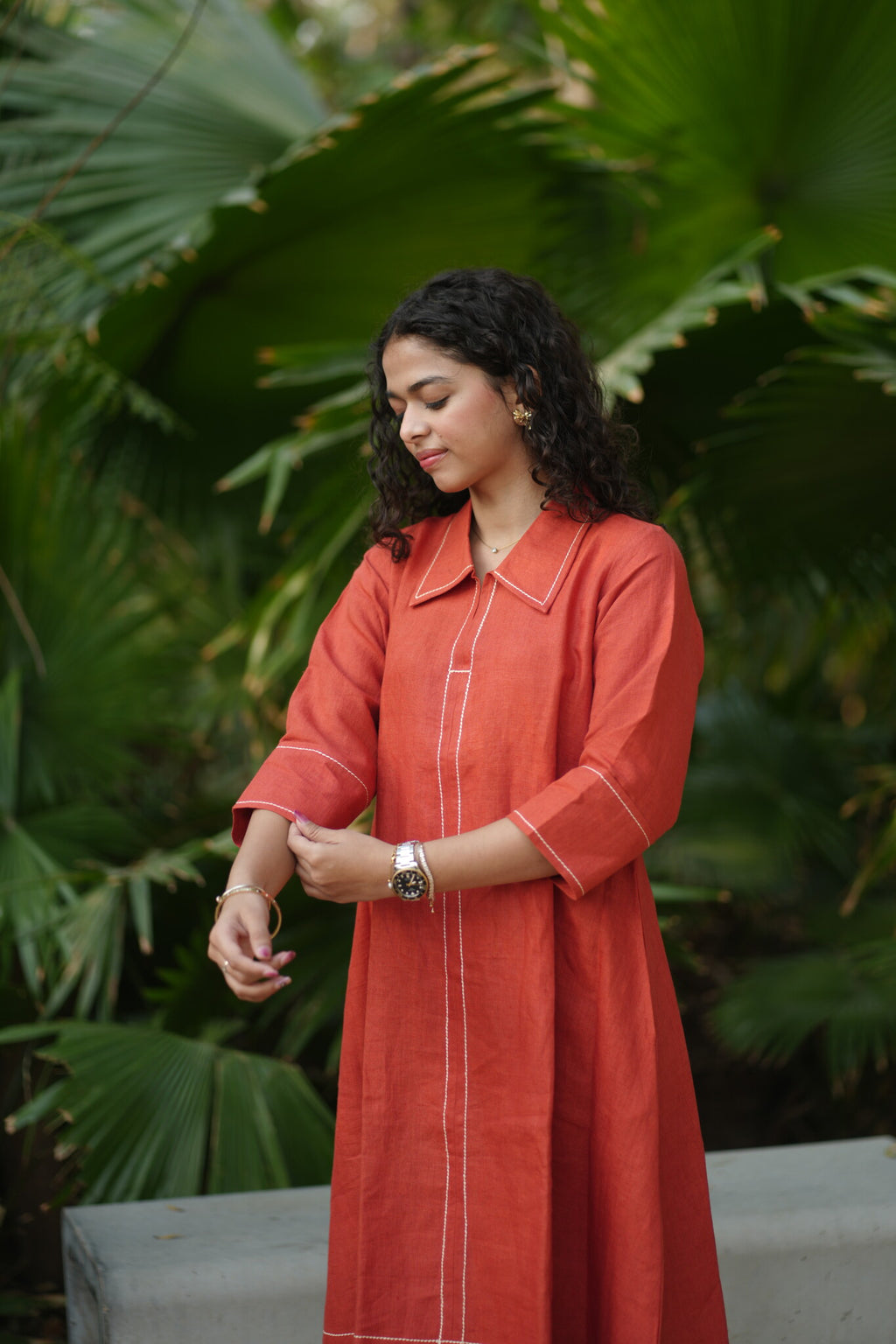 Linen Thread work Rust A-line collard dress